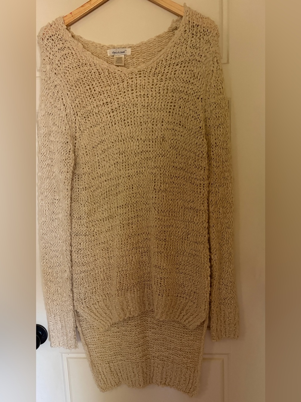 Long Cream Open-Weave V-Neck Sweater